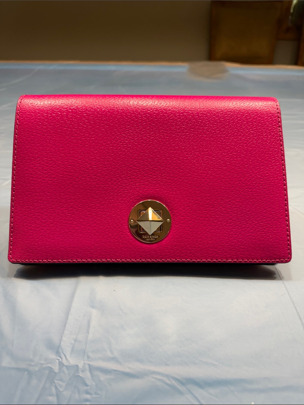 kate spade Bright Pink Leather envelope Clutch with Gold-Tone Emblem with COA